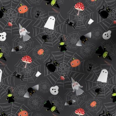 Mini - Spooky Tossed Halloween Cute Characters & Cobwebs - Charcoal Gray