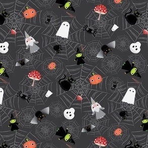 Mini - Spooky Tossed Halloween Cute Characters & Cobwebs - Charcoal Gray