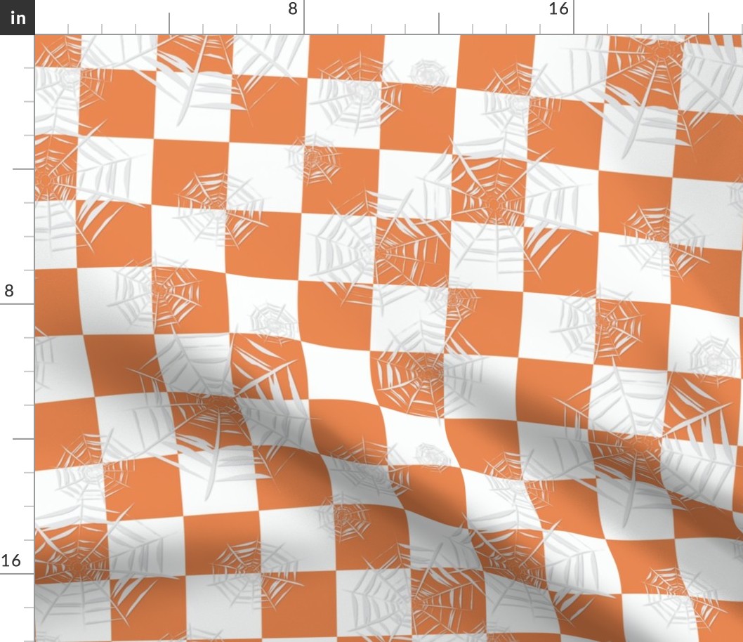 Midi - Two inch checkerboard covered in spooky cobwebs for Halloween - burnt orange and white