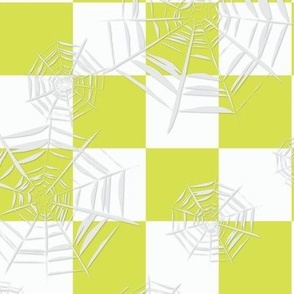 Midi - Two inch checkerboard covered in spooky cobwebs for Halloween - lime green and white