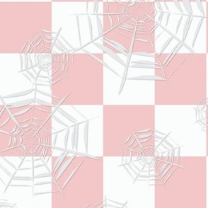 Midi - Two inch checkerboard covered in spooky cobwebs for Halloween - rose blush pink and white