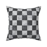 Midi - Two inch checkerboard covered in spooky cobwebs for Halloween - silver grey and charcoal gray