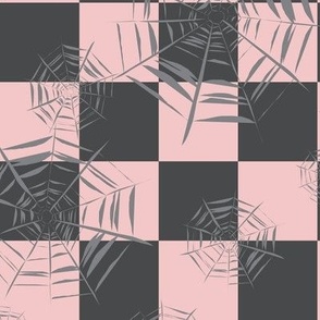 Midi - Two inch checkerboard covered in spooky cobwebs for Halloween - rose blush pink and charcoal gray