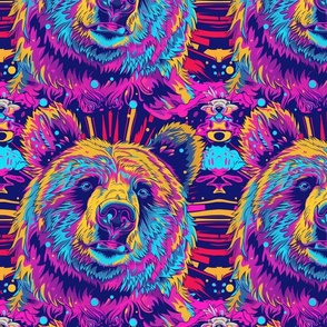 psychedelic bear in neon pink and groovy blue