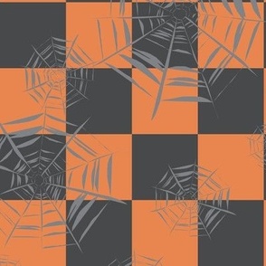 Midi - Two inch checkerboard covered in spooky cobwebs for Halloween - burnt orange and charcoal gray