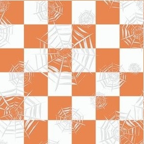 Mini - One inch checkerboard covered in spooky cobwebs for Halloween - burnt orange and white
