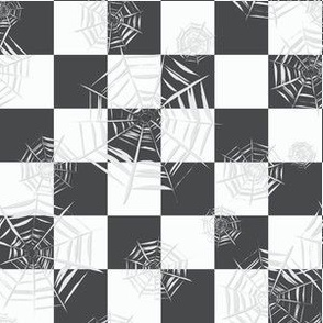 Mini - One inch checkerboard covered in spooky cobwebs for Halloween - charcoal gray and white