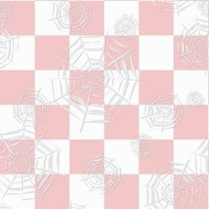 Mini - One inch checkerboard covered in spooky cobwebs for Halloween - rose blush pink and white