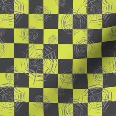 Mini - One inch checkerboard covered in spooky cobwebs for Halloween - lime green and charcoal gray