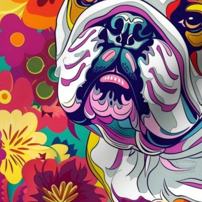 geometric bulldog in groovy neon floral