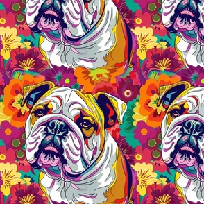 geometric bulldog in groovy neon floral