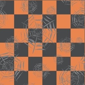 Mini - One inch checkerboard covered in spooky cobwebs for Halloween - burnt orange and charcoal gray