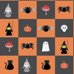 Midi - Two inch geometric checkerboard of cute Halloween characters for spooky season - burnt orange and charcoal gray  