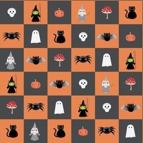 Mini - One inch geometric checkerboard of cute Halloween characters for spooky season - burnt orange and charcoal gray  
