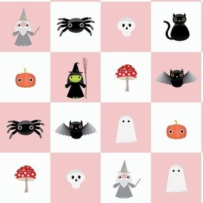 Midi - Two inch geometric checkerboard of cute Halloween characters for spooky season - rose blush pink and white