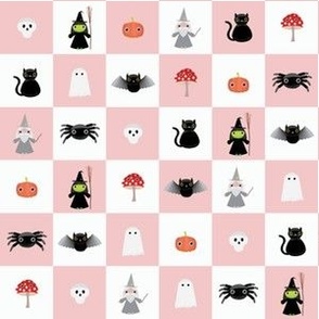 Mini - One inch geometric checkerboard of cute Halloween characters for spooky season - rose blush pink and white