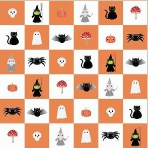 Mini - One inch geometric checkerboard of cute Halloween characters for spooky season - burnt orange and white