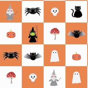 Midi - Two inch geometric checkerboard of cute Halloween characters for spooky season - burnt orange and white