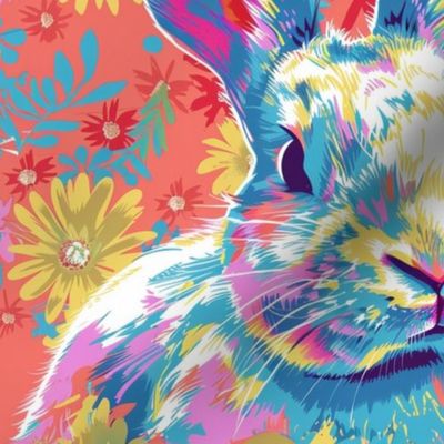 watercolor bunny rabbit in neon floral