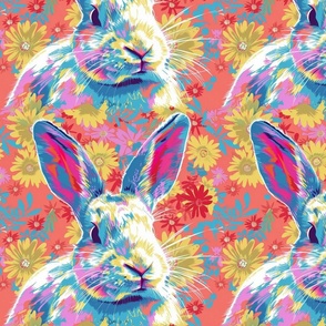 watercolor bunny rabbit in neon floral