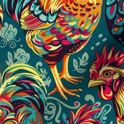 chicken flock in gold green and red
