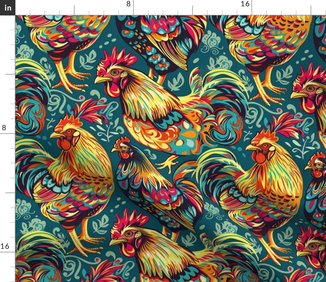 chicken flock in gold green and red