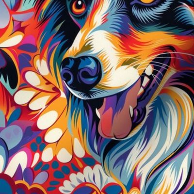 groovy neon collie portrait with floral
