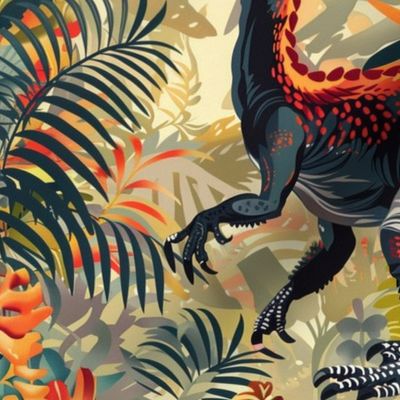 Dilophosaurus in tropical primeval dinosaur jungle