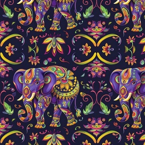 neon purple elephant with tropical jungle tattoo botanical