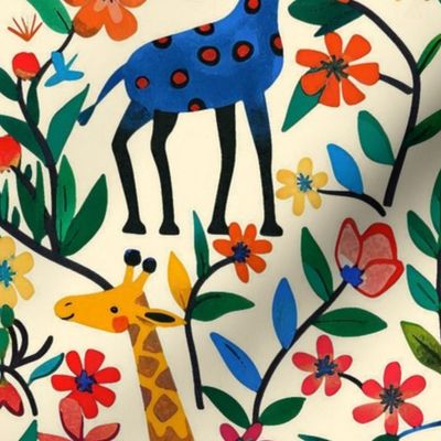 fairy tale forest of the giraffe in blue and orange red