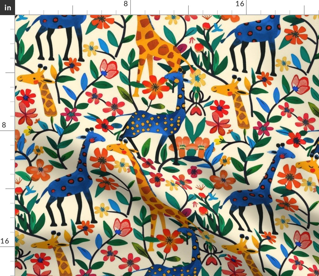 fairy tale forest of the giraffe in blue and orange red
