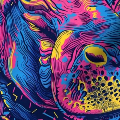 brilliant neon hippos of purple blue and yellow pink