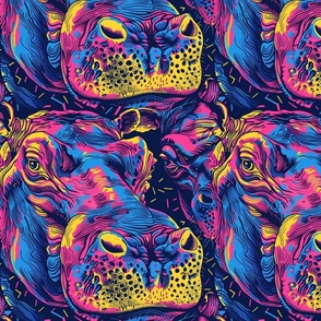 brilliant neon hippos of purple blue and yellow pink
