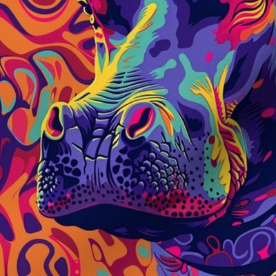 neon purple hippo in groovy orange