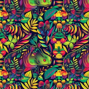 tropical floral hippo in green yellow and purple red pink