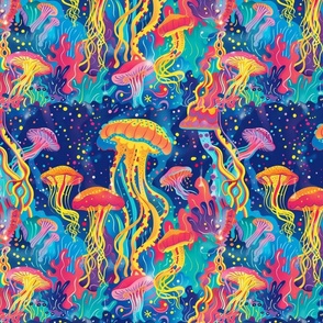 under the sea neon jellyfish in groovy psychedelic color
