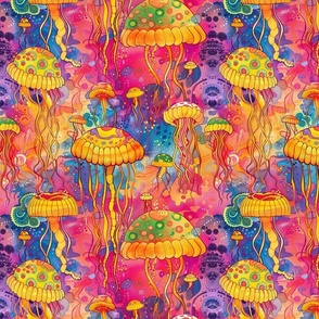 rainbow neon jellyfish watercolor in groovy psychedelic color