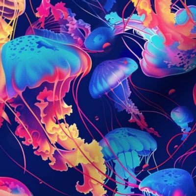 neon groovy psychedelic jellyfish in pink orange and blue