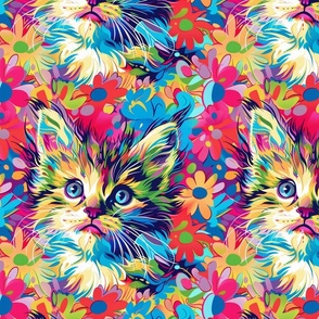 floral kitty botanical in retro neon