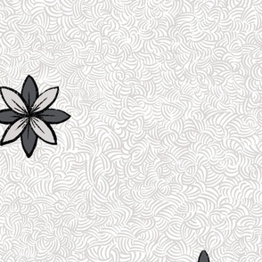 Minimilist Flowers on Curvy Hatched background _ Dark on Light_Black and White Collection