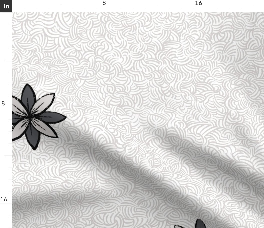 Minimilist Flowers on Curvy Hatched background _ Dark on Light_Black and White Collection