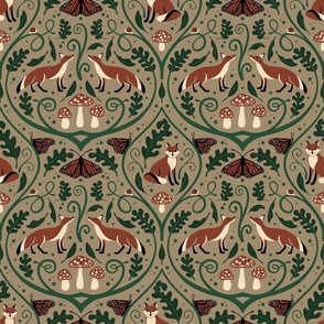 Medium // Woodland Fox and Mushroom Damask // Grey Brown Background