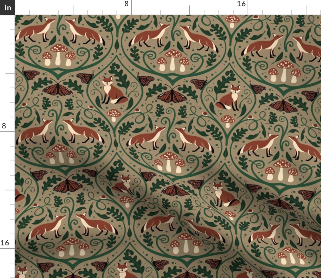 Medium // Woodland Fox and Mushroom Damask // Grey Brown Background