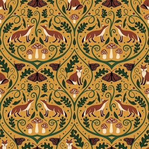 Medium // Woodland Fox and Mushroom Damask // Yellow Marigold Background