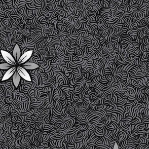 Minimilist Flowers on Curvy Hatched background _ Light on Dark_Black and White Collection