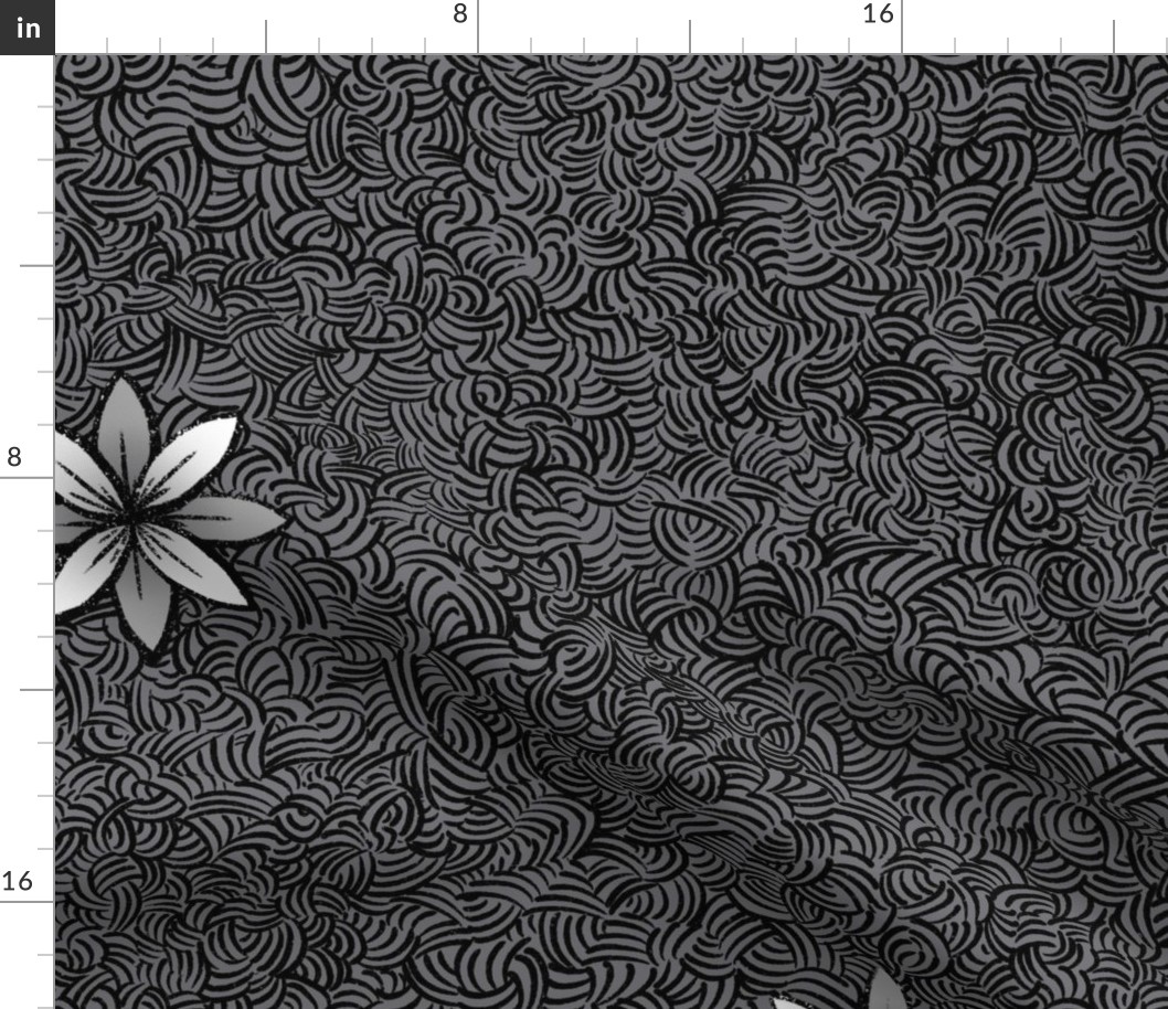 Minimilist Flowers on Curvy Hatched background _ Light on Dark_Black and White Collection