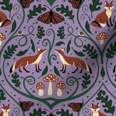 Medium // Woodland Fox and Mushroom Damask // Lilac Purple Background