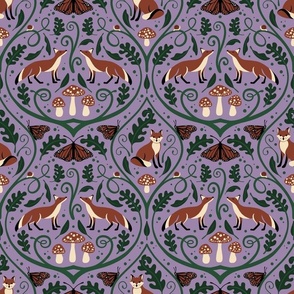 Medium // Woodland Fox and Mushroom Damask // Lilac Purple Background
