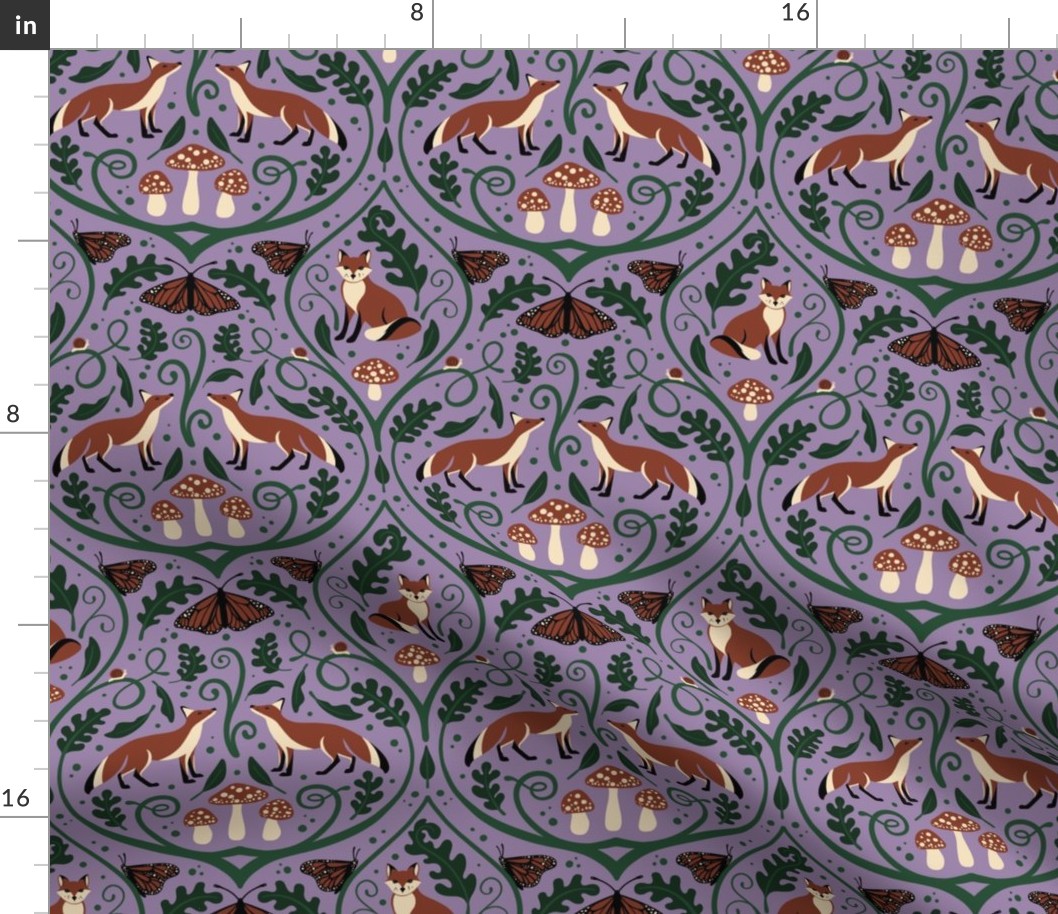 Medium // Woodland Fox and Mushroom Damask // Lilac Purple Background