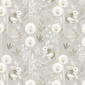 White Bunnies in Dandelions Soft Gray Monochromatic Pastel Babies Room Girls Cottage Country Cute Nursery